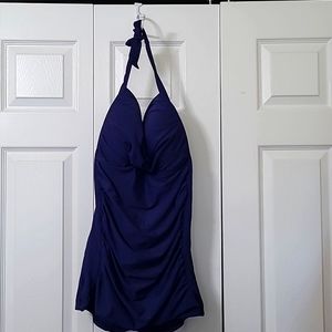 Navy Blue One-piece Ruched Halter Swimsuit, 6XL, Padded Built in Bra, Like New